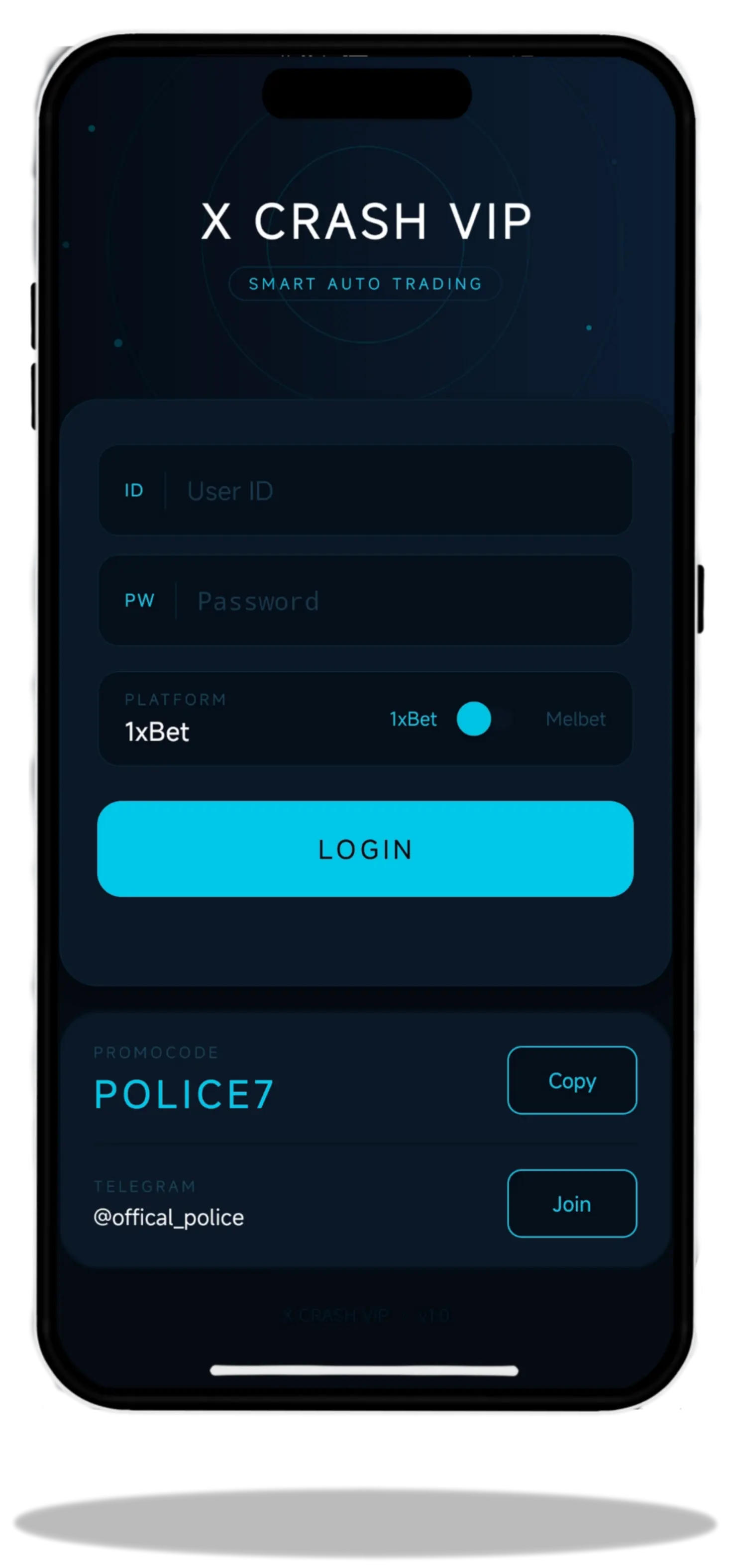 X Crash VIP Login Screen - 1xBet and Melbet platform selector