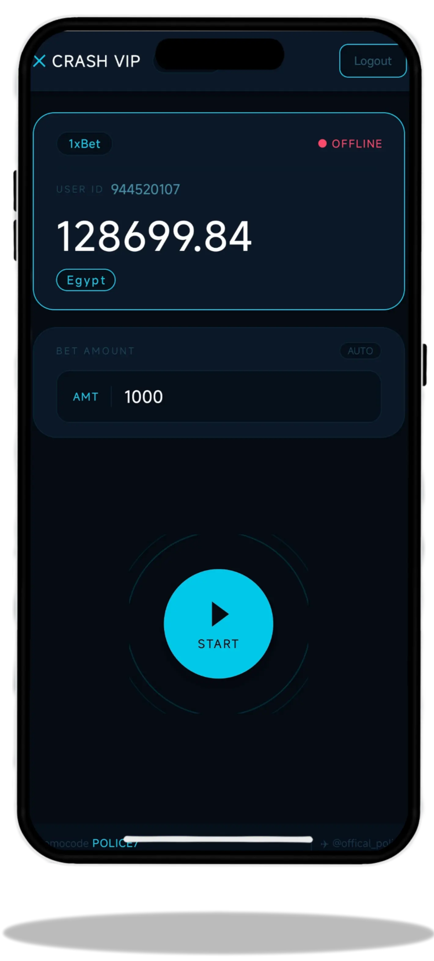 X Crash VIP main dashboard - balance display and auto-bet start button